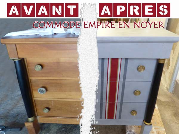 Relooking de meuble à Venelles: Commode Empire transformée dans le style bayadère, patine aux pigments naturels du Luberon, Rouge, Or et Gris
